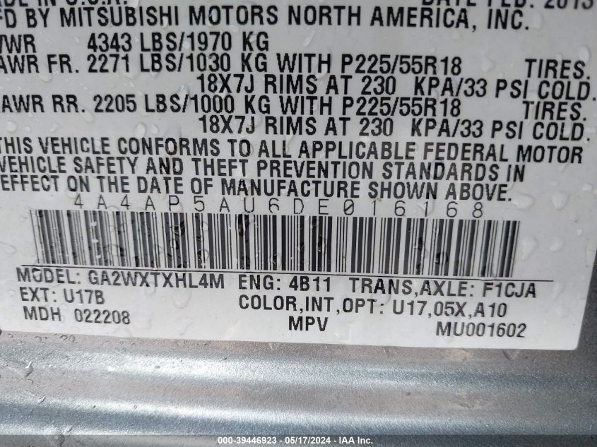 2013 Mitsubishi Outlander Sport Le VIN: 4A4AP5AU6DE016168 Lot: 39446923