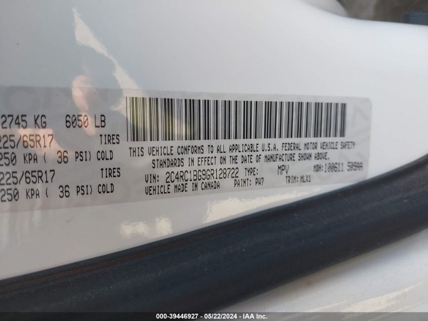 2016 Chrysler Town & Country Touring VIN: 2C4RC1BG9GR128722 Lot: 39446927