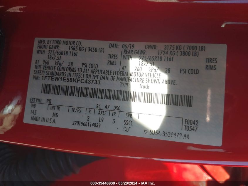 2019 Ford F-150 Xlt VIN: 1FTEW1E58KFC43733 Lot: 39446930