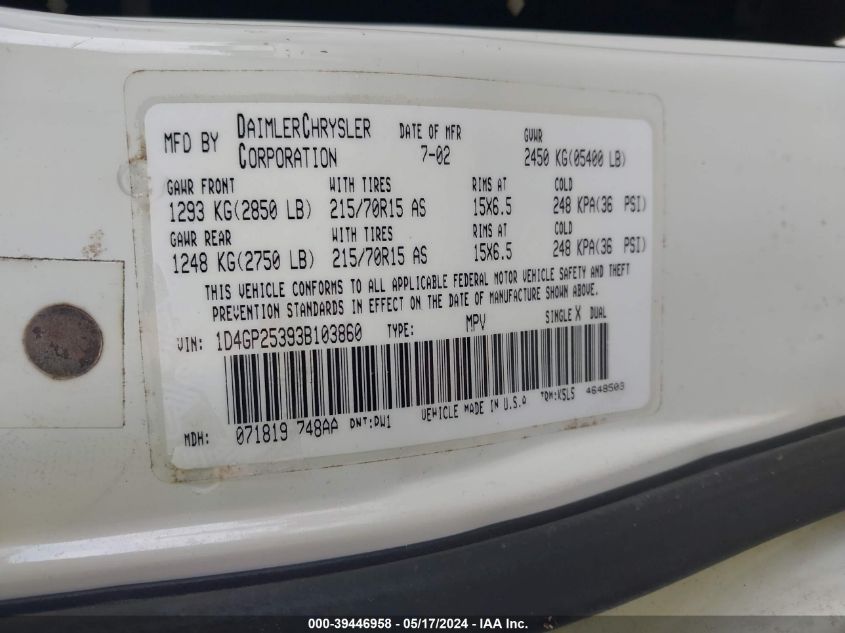 2003 Dodge Caravan Se VIN: 1D4GP25393B103860 Lot: 39446958