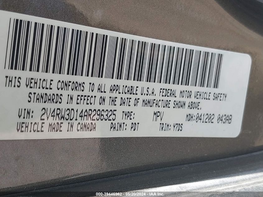 2010 Volkswagen Routan Se VIN: 2V4RW3D14AR296325 Lot: 39446962