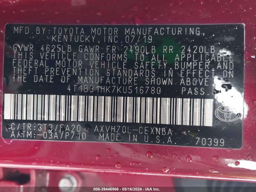 2019 Toyota Camry Hybrid Le VIN: 4T1B31HK7KU516780 Lot: 39446966