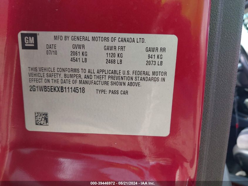 2011 Chevrolet Impala Lt VIN: 2G1WB5EKXB1114518 Lot: 39446972