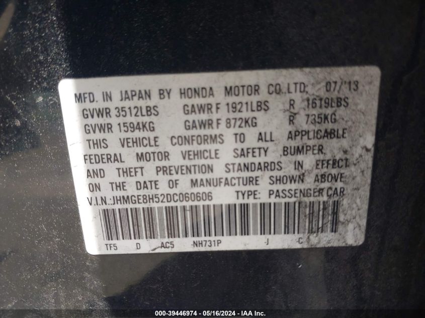 2013 Honda Fit Sport VIN: JHMGE8H52DC060606 Lot: 39446974