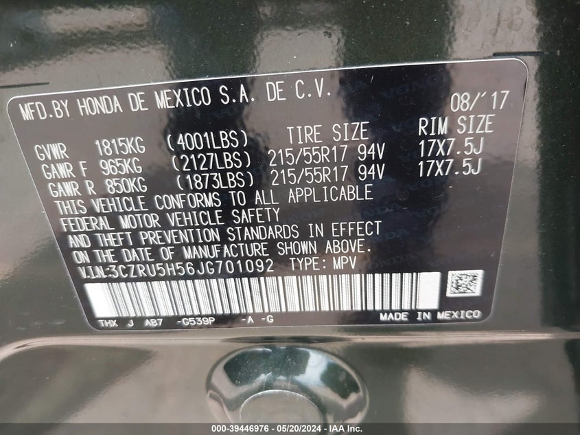 2018 HONDA HR-V EX - 3CZRU5H56JG701092