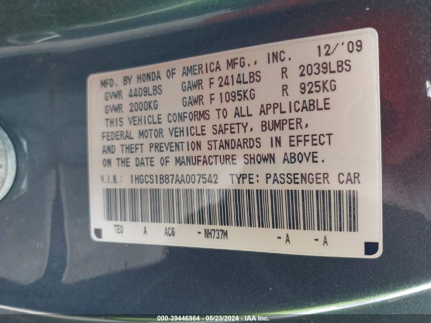 2010 Honda Accord 2.4 Ex-L VIN: 1HGCS1B87AA007542 Lot: 39446984