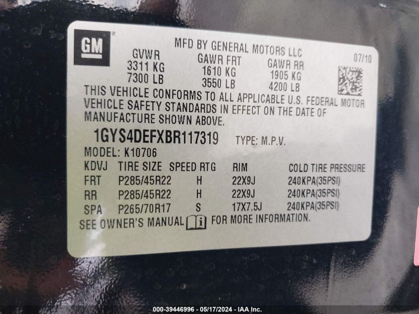 2011 Cadillac Escalade Platinum Edition VIN: 1GYS4DEFXBR117319 Lot: 39446996