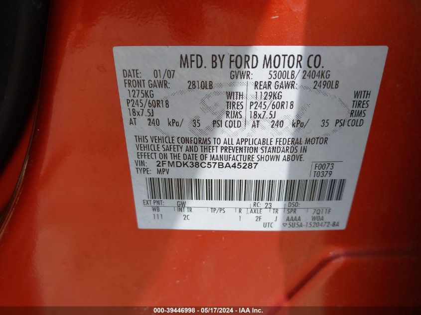 2007 Ford Edge Sel VIN: 2FMDK38C57BA45287 Lot: 39446998