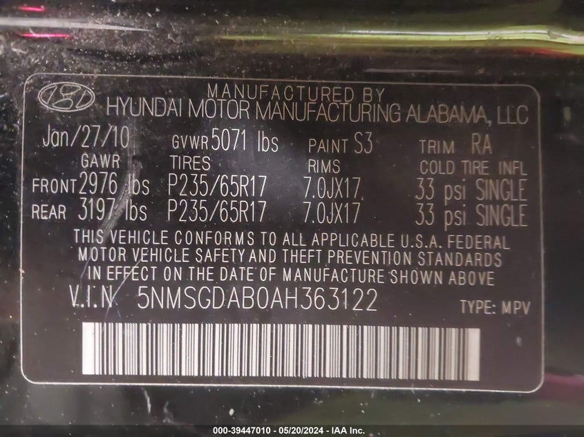 2010 Hyundai Santa Fe Gls VIN: 5NMSGDAB0AH363122 Lot: 39447010