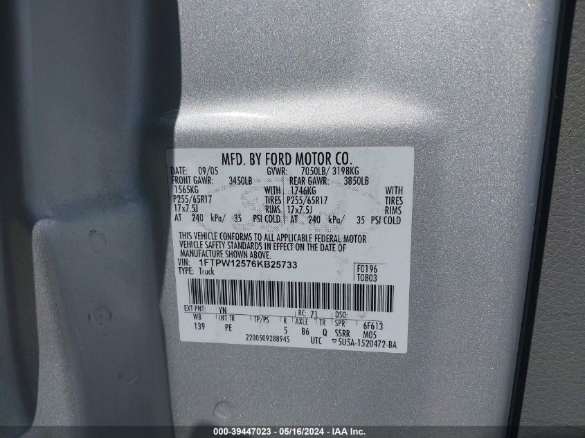 2006 Ford F-150 Lariat/Xlt VIN: 1FTPW12576KB25733 Lot: 39447023