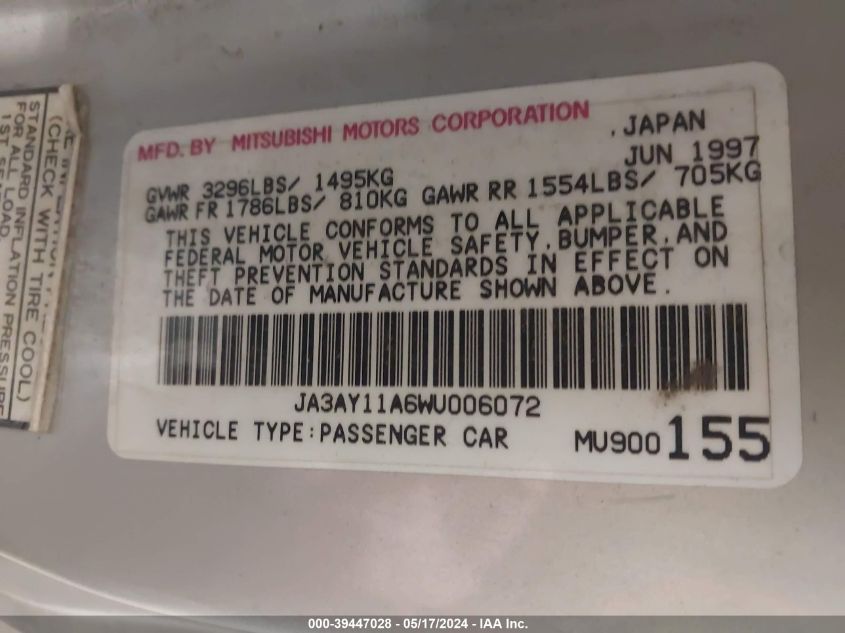 1998 Mitsubishi Mirage De VIN: JA3AY11A6WU006072 Lot: 39447028
