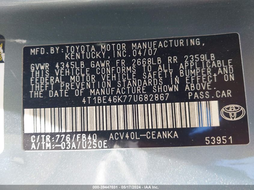 2007 Toyota Camry Le VIN: 4T1BE46K77U682867 Lot: 39447031