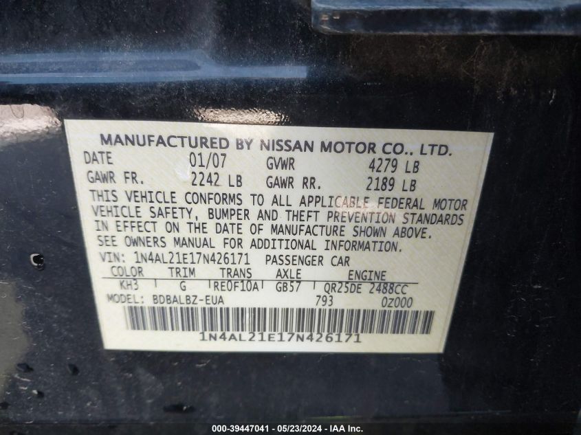 2007 Nissan Altima 2.5 S VIN: 1N4AL21E17N426171 Lot: 39447041