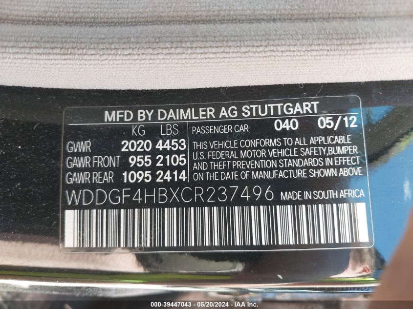 2012 Mercedes-Benz C 250 Luxury/Sport VIN: WDDGF4HBXCR237496 Lot: 39447043