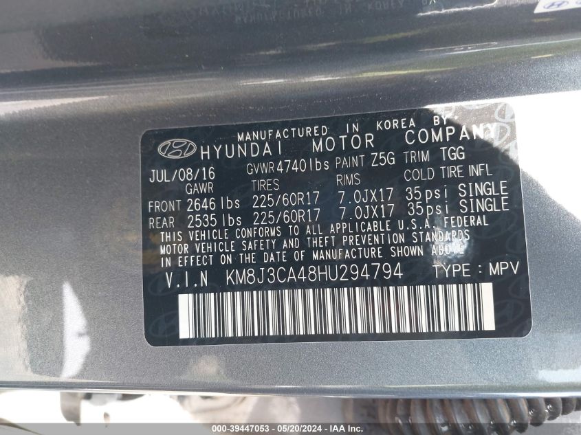 2017 Hyundai Tucson Se VIN: KM8J3CA48HU294794 Lot: 39447053