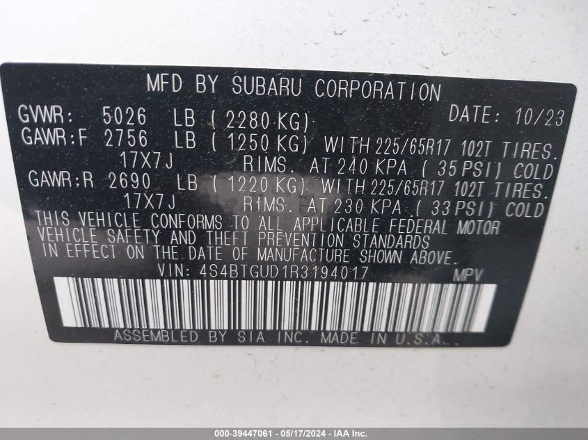 2024 Subaru Outback Wilderness VIN: 4S4BTGUD1R3194017 Lot: 39447061