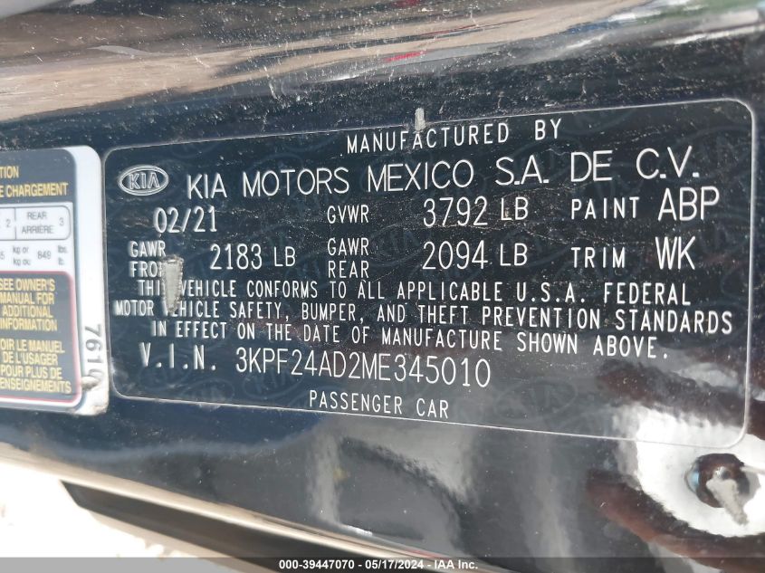 2021 Kia Forte Lxs VIN: 3KPF24AD2ME345010 Lot: 39447070