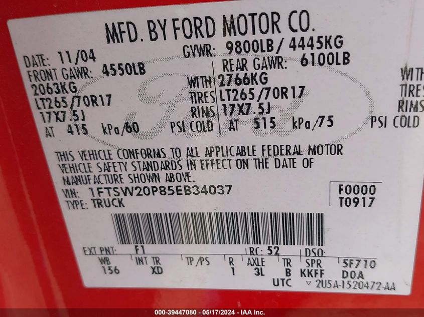 2005 Ford F-250 Lariat/Xl/Xlt VIN: 1FTSW20P85EB34037 Lot: 39447080