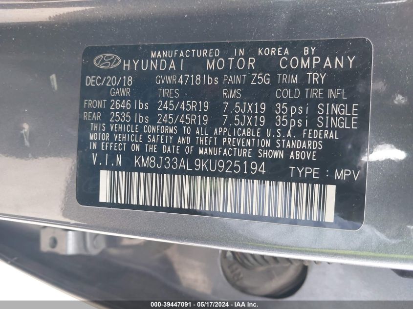 2019 Hyundai Tucson Night VIN: KM8J33AL9KU925194 Lot: 39447091