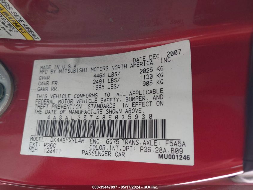 2008 Mitsubishi Eclipse Spyder Gt VIN: 4A3AL35T48E035930 Lot: 39447097