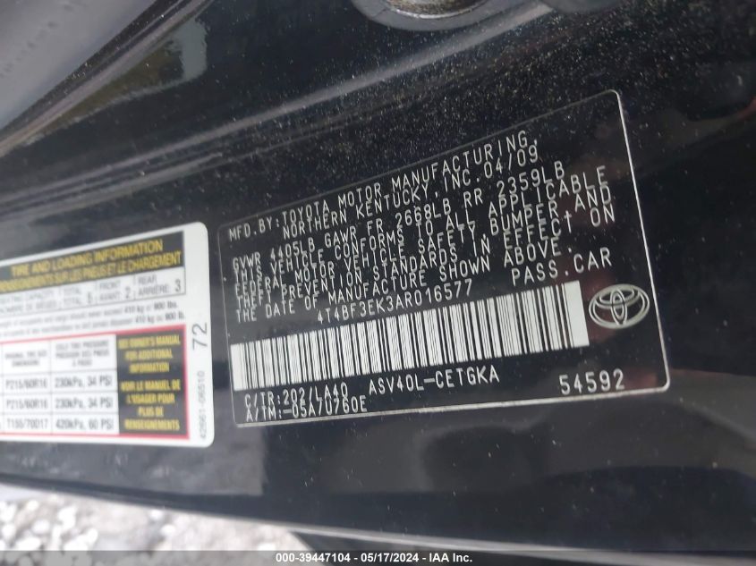 2010 Toyota Camry Xle VIN: 4T4BF3EK3AR016577 Lot: 39447104