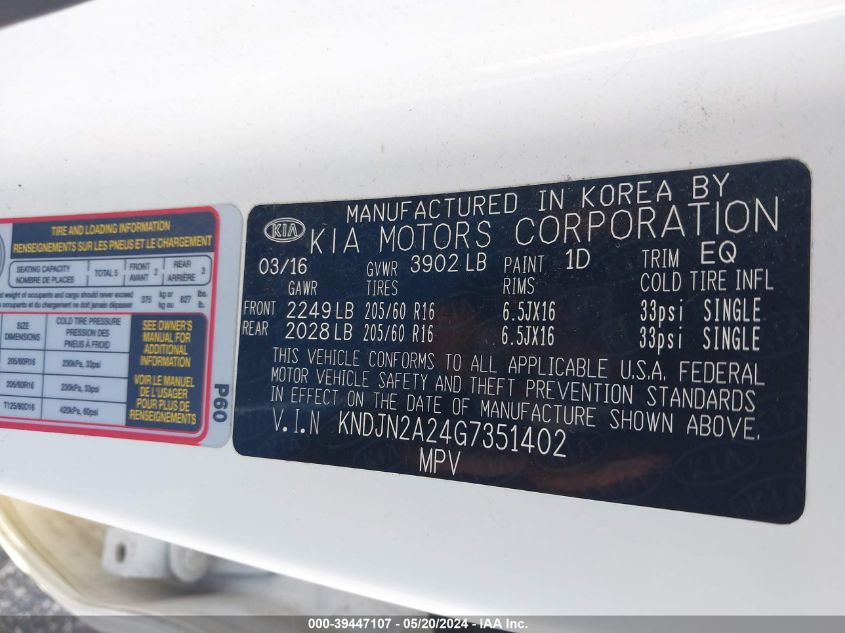 2016 Kia Soul VIN: KNDJN2A24G7351402 Lot: 39447107