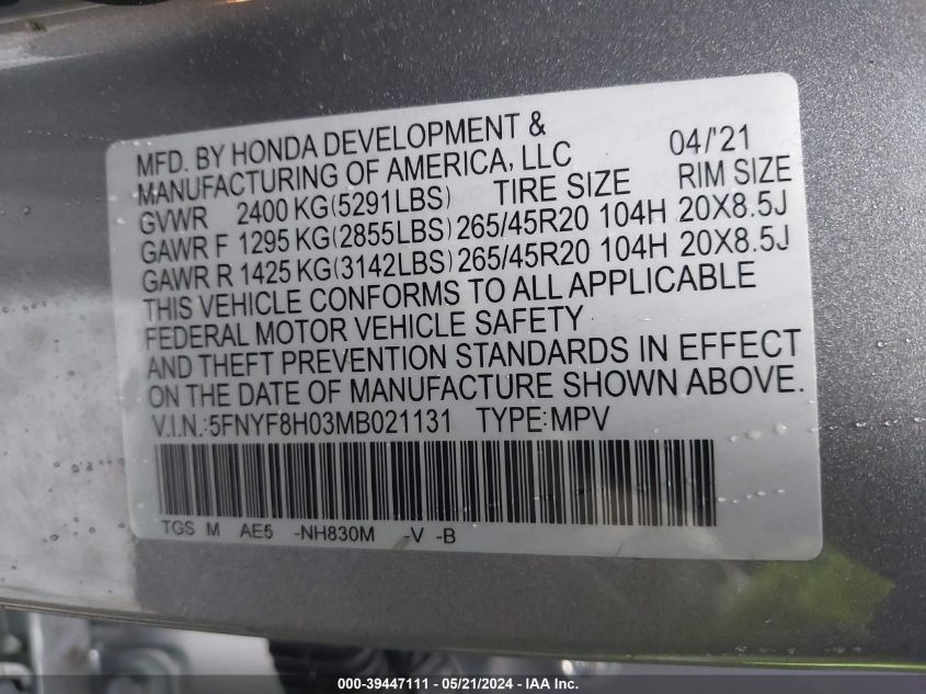 2021 Honda Passport Awd Elite VIN: 5FNYF8H03MB021131 Lot: 39447111