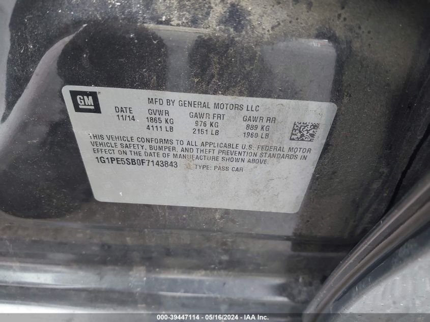 2015 Chevrolet Cruze 2Lt Auto VIN: 1G1PE5SB0F7143843 Lot: 39447114
