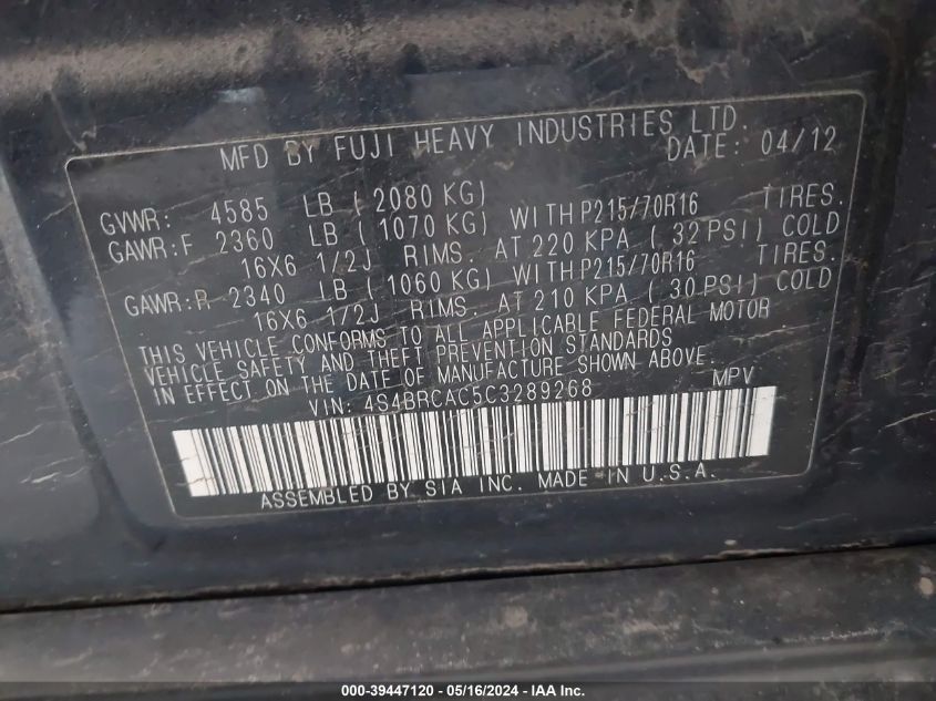 2012 Subaru Outback 2.5I VIN: 4S4BRCAC5C3289268 Lot: 39447120