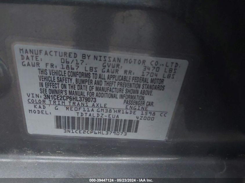 2017 Nissan Versa Note Sv VIN: 3N1CE2CP6HL379073 Lot: 39447124