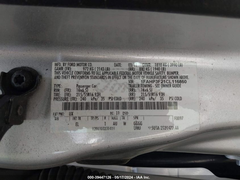 2012 Ford Focus Se VIN: 1FAHP3F21CL116860 Lot: 39447126