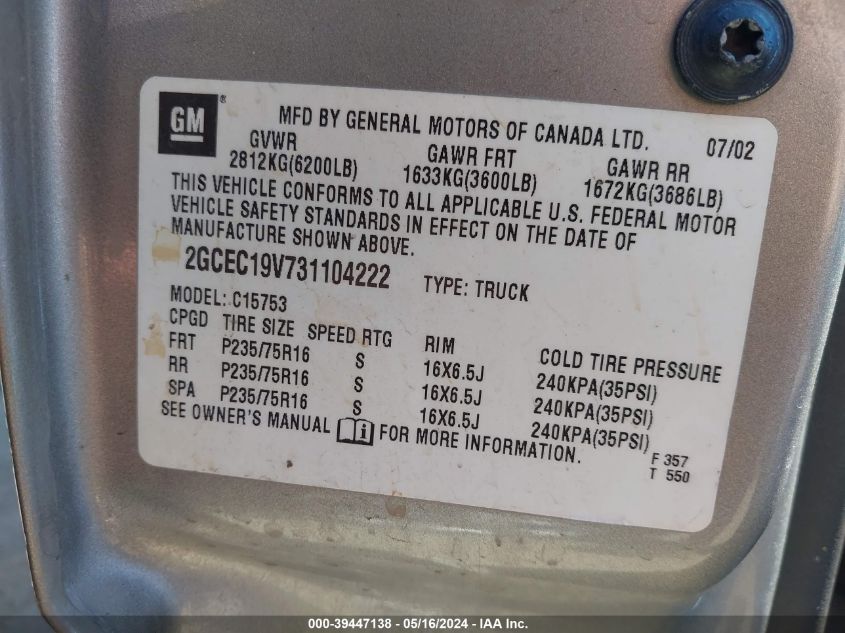 2003 Chevrolet Silverado 1500 Ls VIN: 2GCEC19V731104222 Lot: 39447138