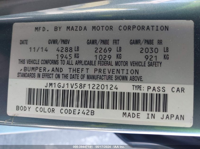 2015 Mazda Mazda6 I Touring VIN: JM1GJ1V58F1220124 Lot: 39447141