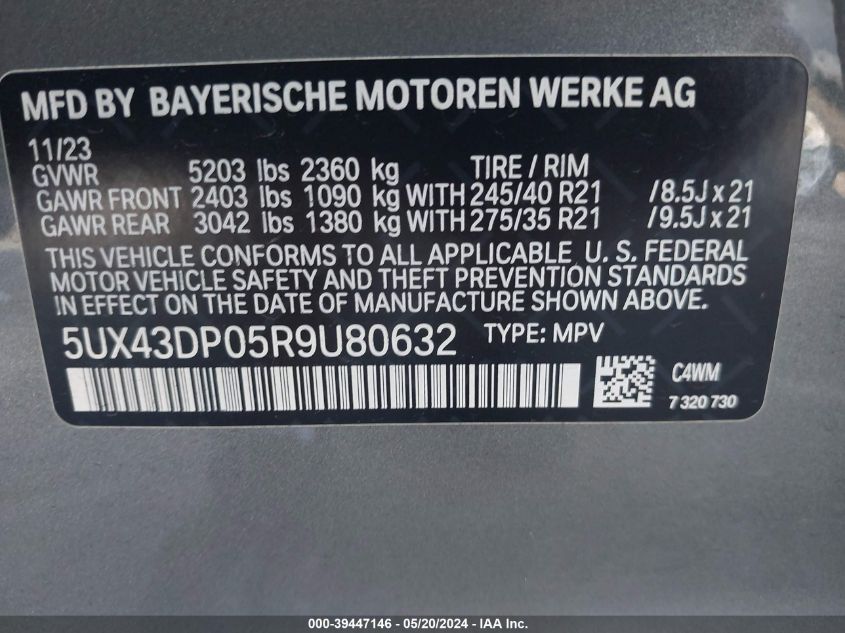 2024 BMW X3 Sdrive30I VIN: 5UX43DP05R9U80632 Lot: 39447146