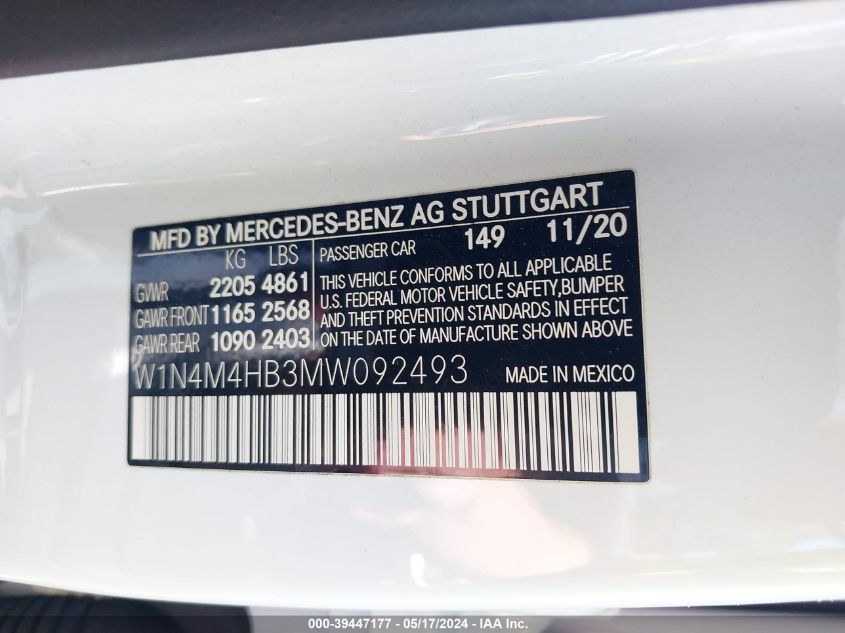 2021 Mercedes-Benz Glb 250 4Matic VIN: W1N4M4HB3MW092493 Lot: 39447177