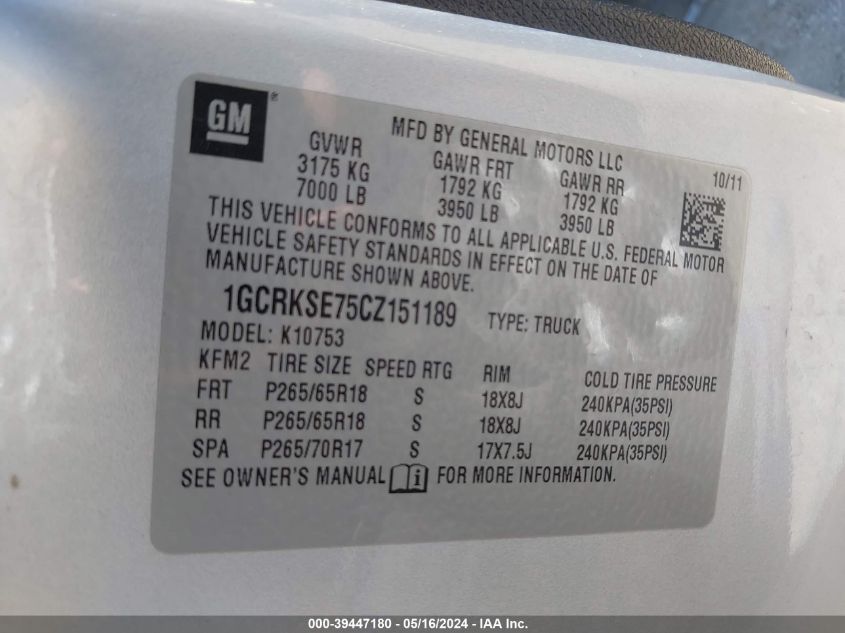 2012 Chevrolet Silverado 1500 Lt VIN: 1GCRKSE75CZ151189 Lot: 39447180