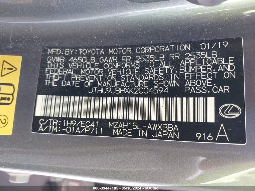 2019 Lexus Ux 250H VIN: JTHU9JBHXK2004594 Lot: 39447185