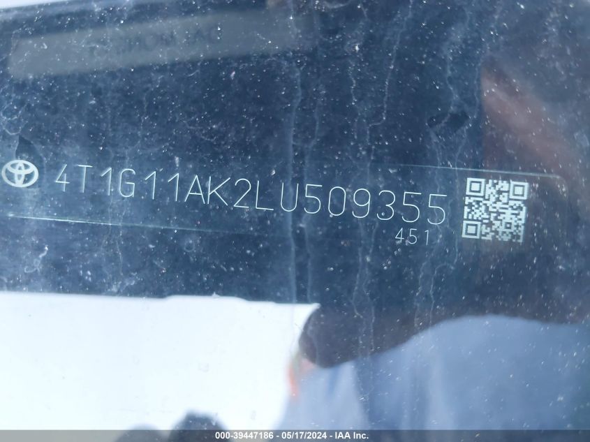 2020 Toyota Camry Se VIN: 4T1G11AK2LU509355 Lot: 39447186