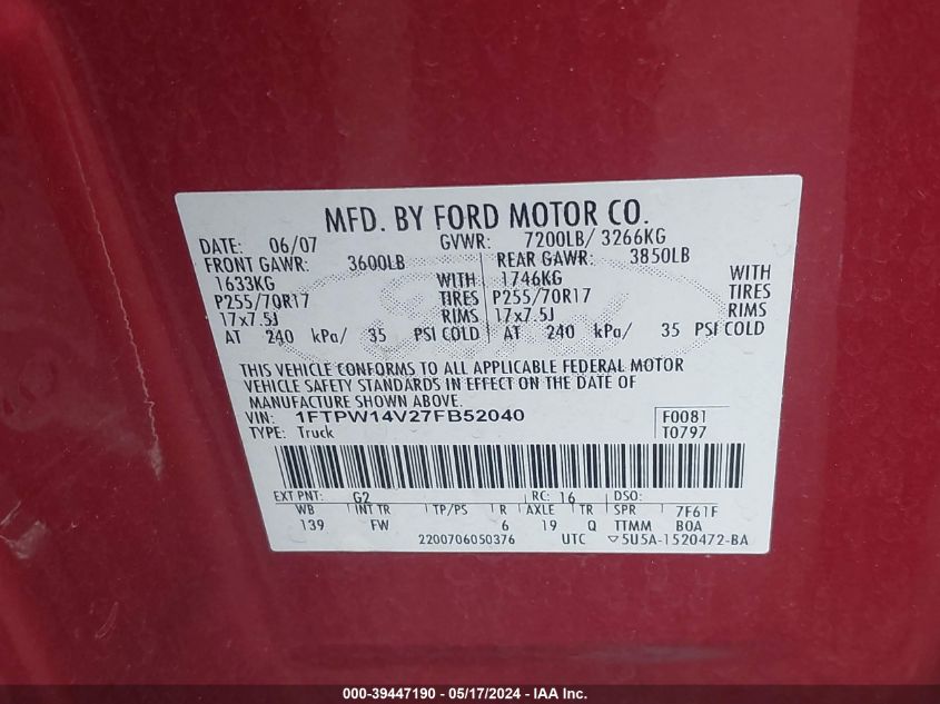 2007 Ford F-150 Fx4/Lariat/Xlt VIN: 1FTPW14V27FB52040 Lot: 39447190