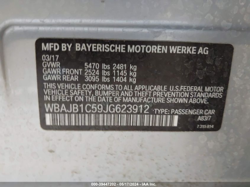 2018 BMW 530E VIN: WBAJB1C59JG623912 Lot: 39447202
