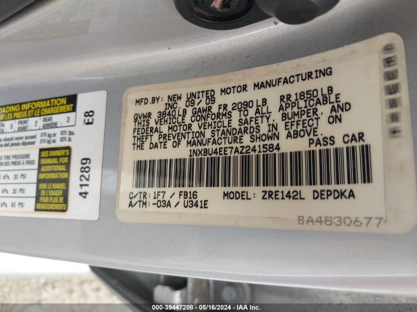 2010 Toyota Corolla VIN: 1NXBU4EE7AZ241584 Lot: 39447208