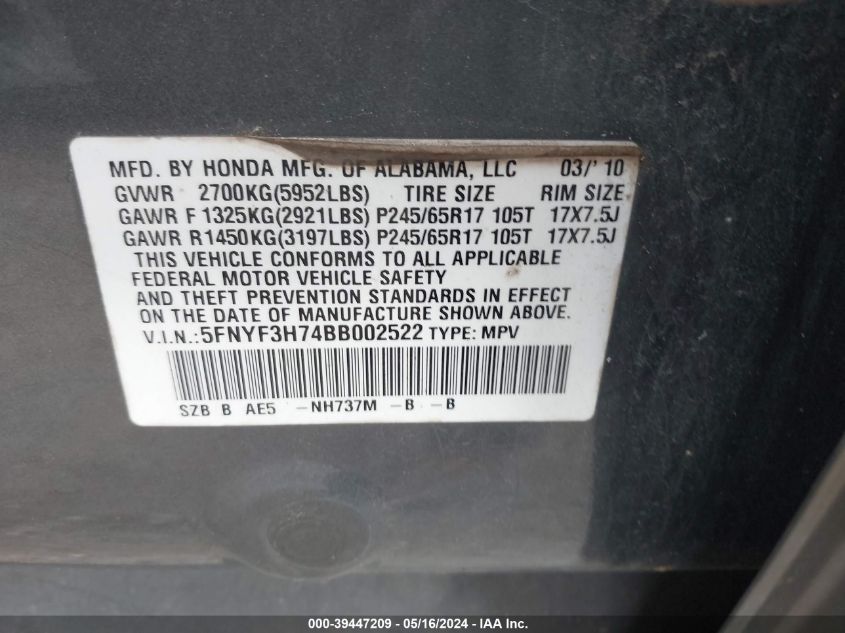 2011 Honda Pilot Ex-L VIN: 5FNYF3H74BB002522 Lot: 39447209