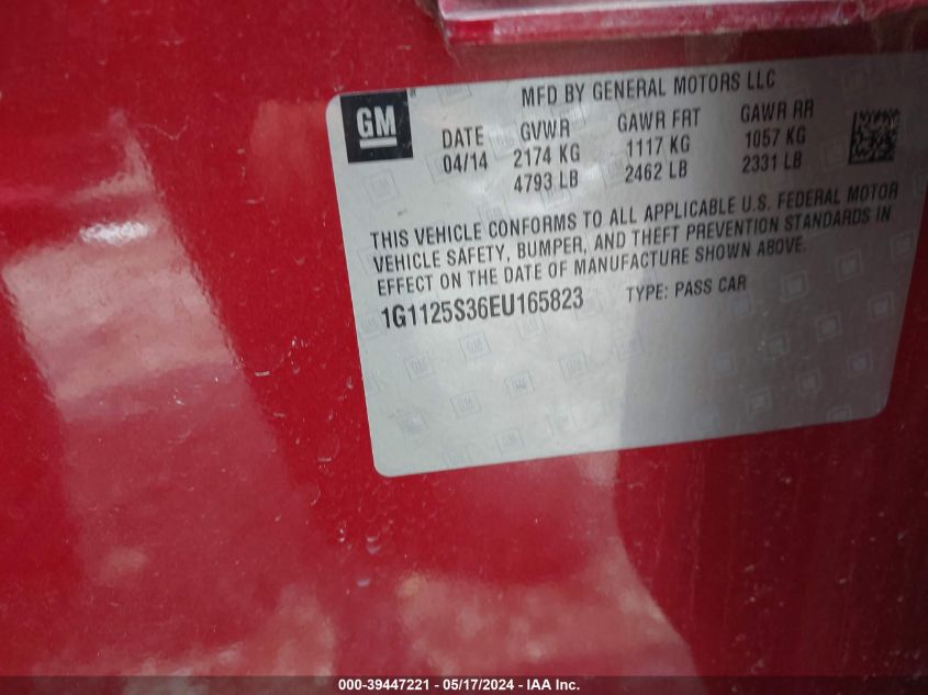 2014 Chevrolet Impala 2Lt VIN: 1G1125S36EU165823 Lot: 39447221