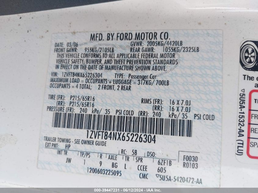2006 Ford Mustang V6 VIN: 1ZVFT84NX65226304 Lot: 39447231