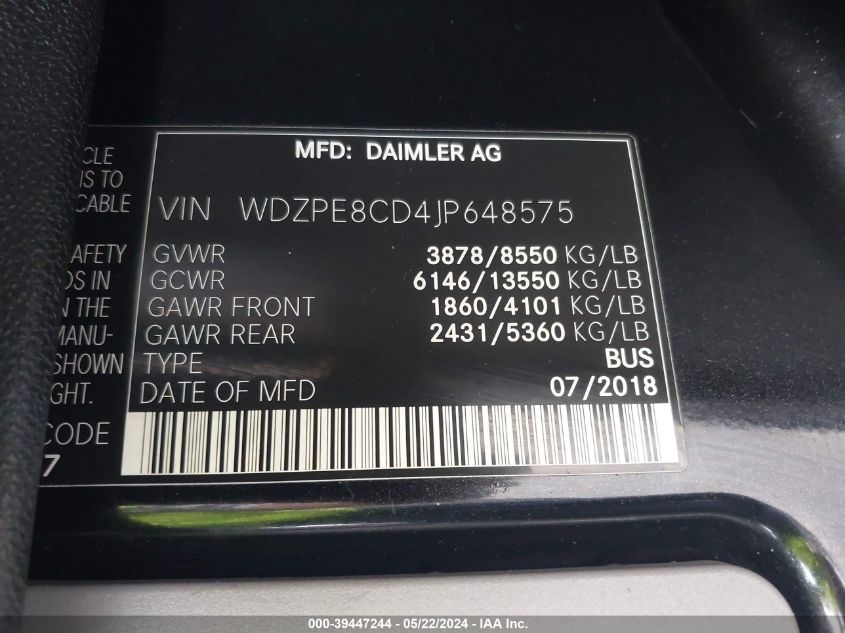 2018 MERCEDES-BENZ SPRINTER 2500 HIGH ROOF V6 - WDZPE8CD4JP648575