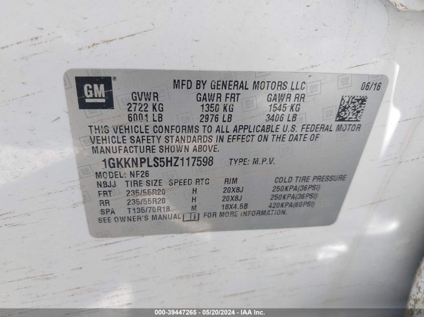 2017 GMC Acadia Denali VIN: 1GKKNPLS5HZ117598 Lot: 39447265