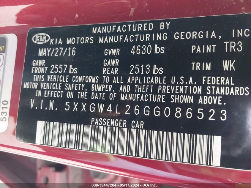 2016 Kia Optima Sx Turbo VIN: 5XXGW4L26GG086523 Lot: 39447284