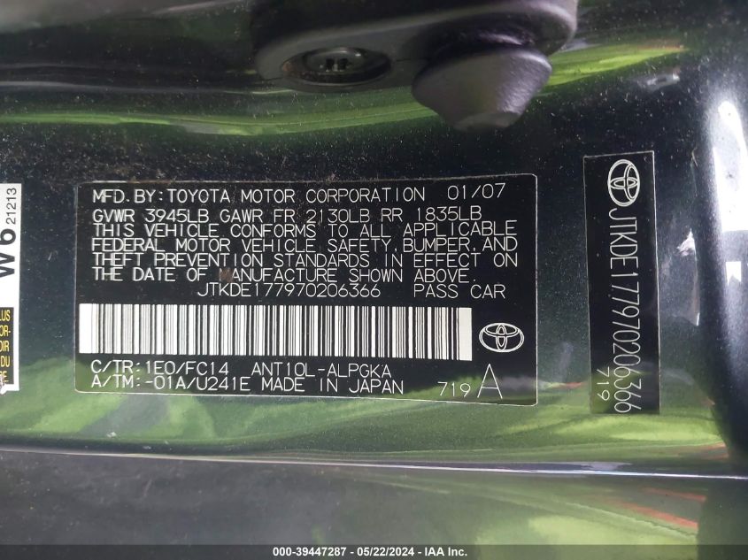 2007 Scion Tc VIN: JTKDE177970206366 Lot: 39447287