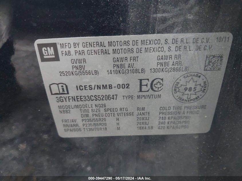 2012 Cadillac Srx Performance Collection VIN: 3GYFNEE33CS520647 Lot: 39447290