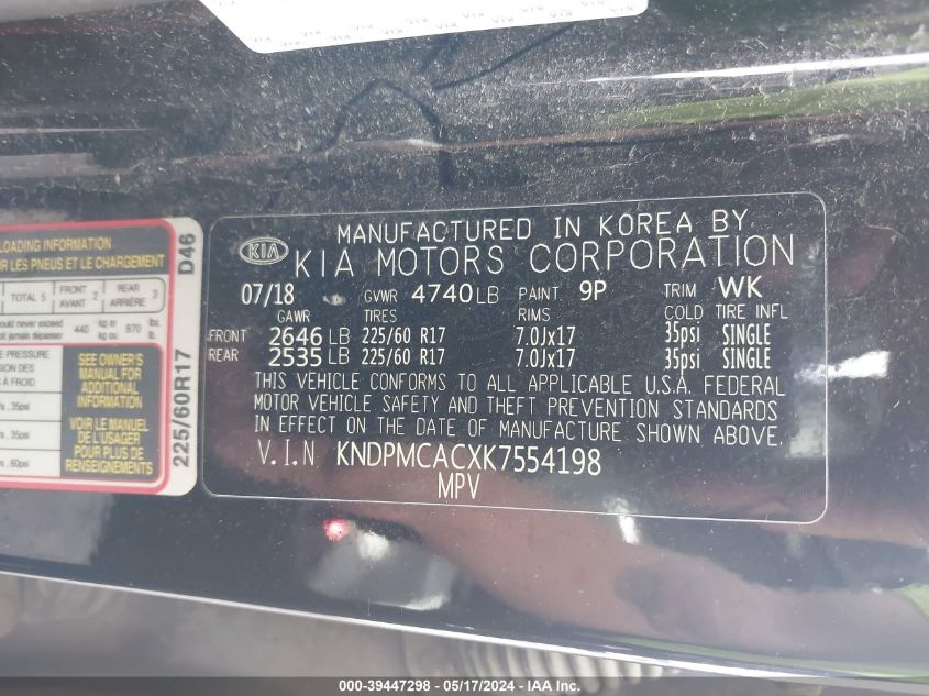 2019 Kia Sportage Lx VIN: KNDPMCACXK7554198 Lot: 39447298